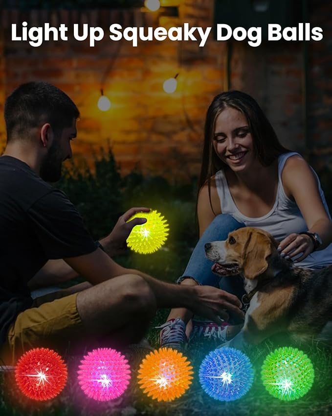 3.5" Light Up Squeaky Dog Balls,Led Dog Balls 6 Colors for Teething, BPA Free Non-Toxic,Spiky Dogs Ball Durable Toys for Aggressive Chewers Large Medium and Small Dogs Tennis Ball for Dogs