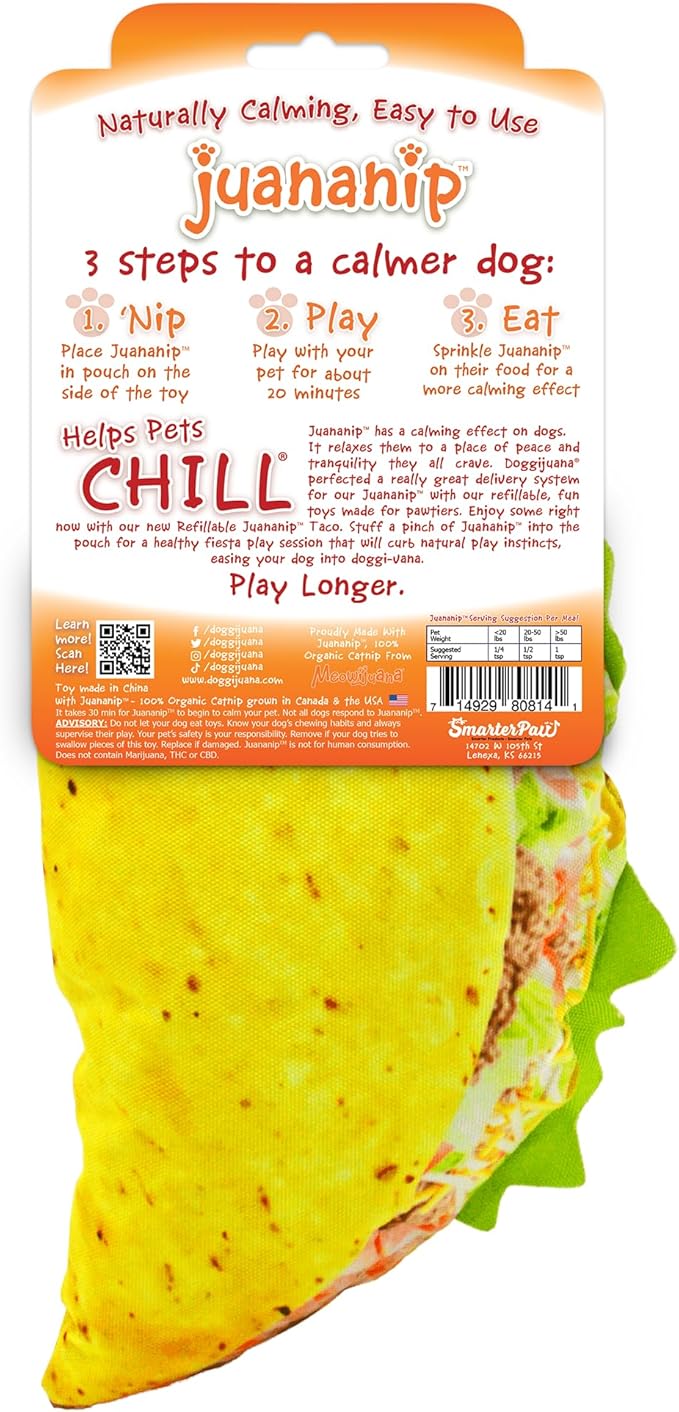 Doggijuana Refillable Juananip Toy Bundle | Taco Bundle | Funny Dog Toy Plush with Catnip and Refill | Calming Aid for Dogs | Interactive Chew Toy for Play