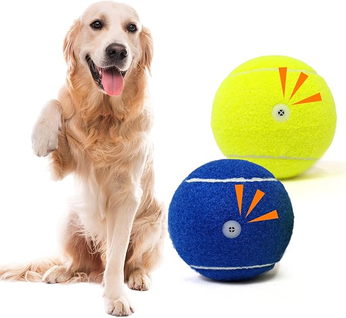 Tennis Ball Dog Toys 2 Pack - 4-Inch Durable and Safe Dog Ball, Sound Output from The Large Tennis Balls for Dogs with Mesh Bag, Perfect for Indoor and Outdoor Play