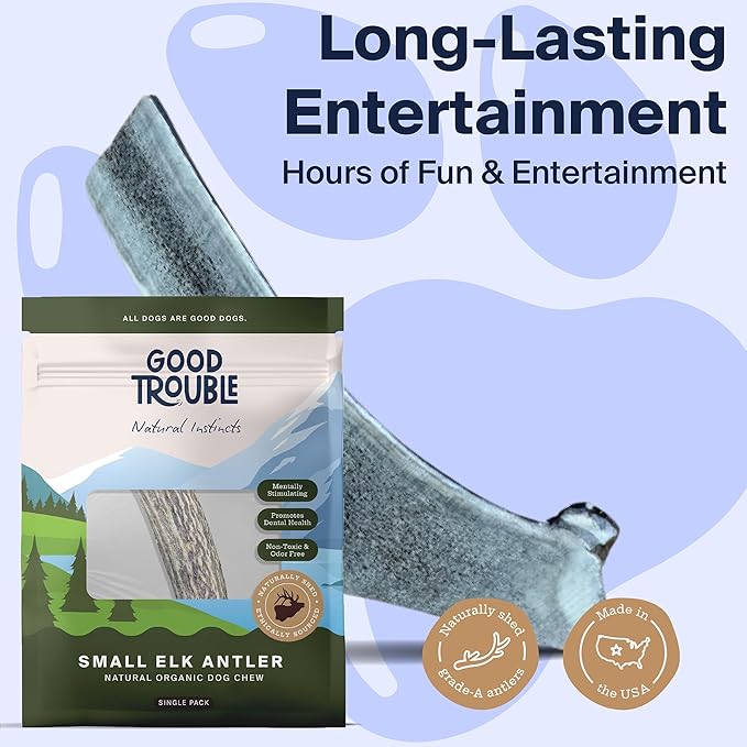 Good Trouble Premium Elk Antlers for Small Dogs – 1 Pack Split - All-Natural, Shed Antler Chews for Dental Health & Calming - Durable Dog Bones - Cruelty-Free, North American Sourced