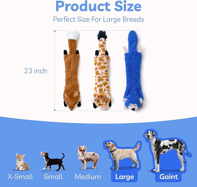 SHARLOVY Dog Squeaky Toys No Stuffing 3 Pack, Plush Crinkle Dog Toys for Large Breed, Durable Doggie Chew Cute Animals Puppy Toy for Teething