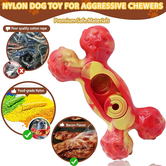 Dog Chew Toys for Aggressive Chewers, 1 Pack Indestructible Dog Toy for for Medium/Large Breed, Nylon Dog Toys to Keep Them Busy,Bacon Flavor (Orange)