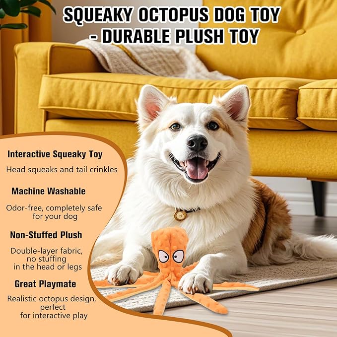 Dog Squeaky Toys Octopus, No Stuffing Plush Toys, Squeaky Octopus Dog Toy - Durable Plush for Puppies, Interactive Dogs Toys for Aggressive Chewers (Green+Orange)