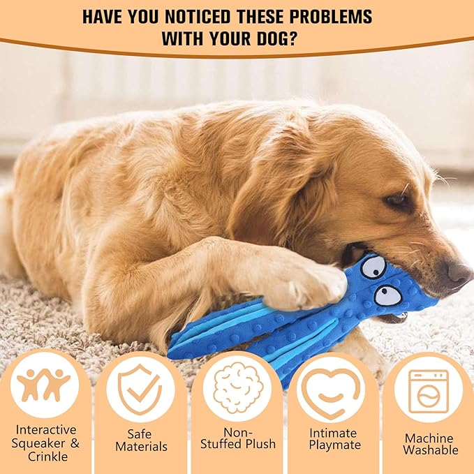 Dog Squeaky Toys Octopus, No Stuffing Plush Toys, Squeaky Octopus Dog Toy - Durable Plush for Puppies, Interactive Dogs Toys for Aggressive Chewers (Green+Orange)