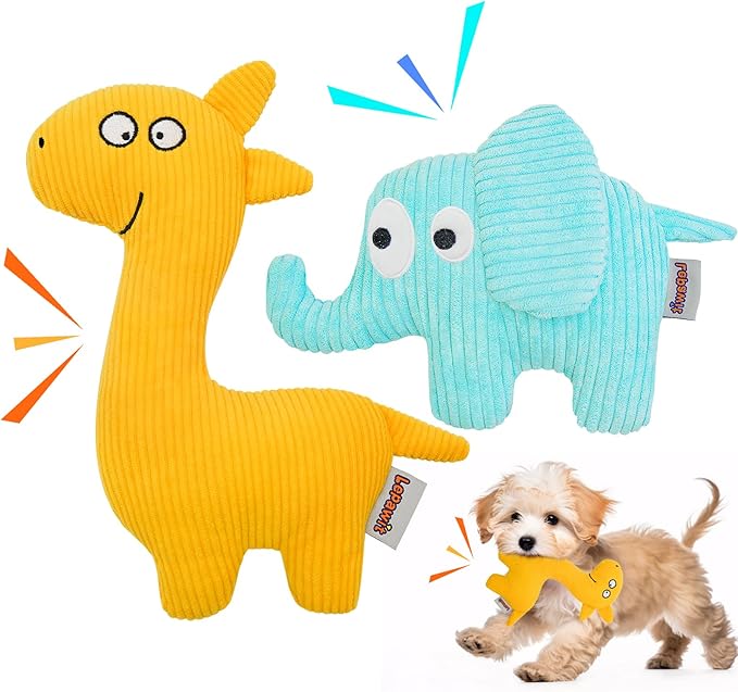 Squeaky Dog Toys, Cute Plush Toy for Dogs Indoor Play, Interactive Dog Toys with Non-Shedding Material for Small and Medium Dogs - Elephant & Giraffe, yellow