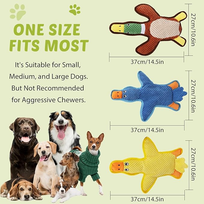 Dog Toys 3-Pack Cute Duck Shapes Puppy Toys No-Stuffing Squeaky and Crinkle Interactive Dog Chew Toy for Small to Large Breeds