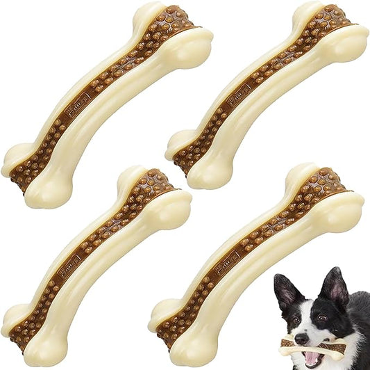 Dog Bones Chew Toys for Aggressive Chewers, 4 Pack Real Beef Flavor,Indestructible Dog Teething Chew Toys for Large/Medium/Small Puppies Breed,Tough Pet Toy with Nylon