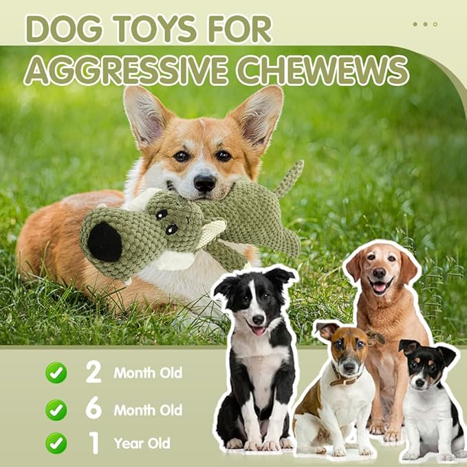 Plush Toys for Aggressive Chewers, 2025 New Interactive Dog Toys for Heavy Chewers, Durable Indestructible Puppy Squeaky Chew Toys (Green+Brown)