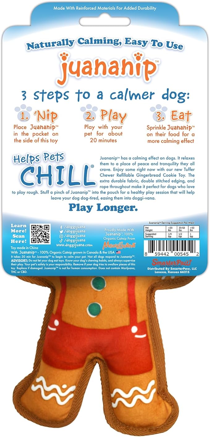 Doggijuana Tuffer Chewer Mini Plush Dog Toy | Funny Dog Toy Plush with Juananip Catnip for Dogs | Calming Aid for Dogs | Interactive Squeaky Chew Toy for Play (Gingerbread Cookie)