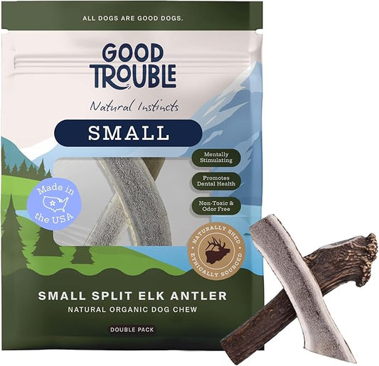 Good Trouble Premium Elk Antlers for Small Dogs – 2 Pack Split - All-Natural, Shed Antler Chews for Dental Health & Calming - Durable Dog Bones - Cruelty-Free, North American Sourced