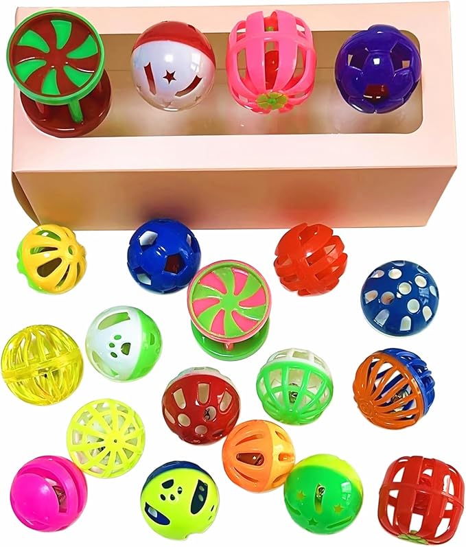 Cat Jingle Balls Toys 20Pcs 10 Styles 1.5" Plastic with Bells - Indoor Kitten Rattle Toy, Gift Box for Safe Play, Training & Interactive Fun