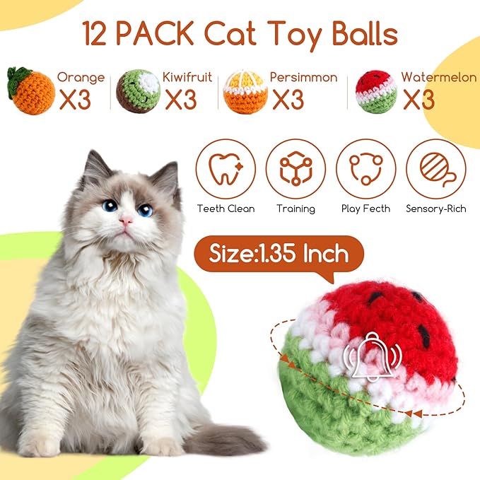 12 Pack Cat Toy Balls, Hand-Knitted Woolen Yarn Cat Balls Toy with Bell Inside, Interactive Kitty Toys for Indoor Kitten Teething, Chasing & Self Play(Fruit-Shaped)
