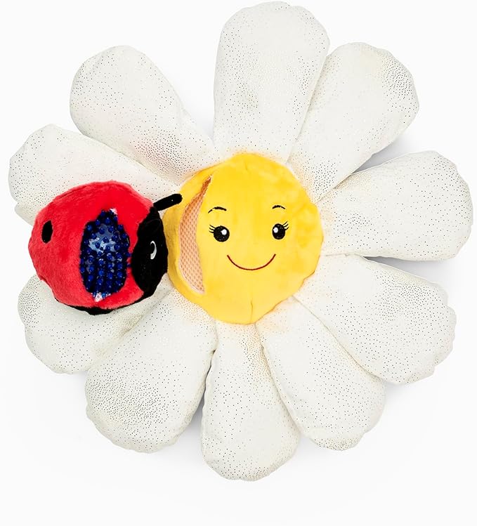 Flourish Pets 3 in 1 Multi-Layer Chew Toy for Active Dogs | Non-Toxic BPA Free Double Stitched Soft Fabric Exterior Dog Toys | Long-Lasting Dog Plush Toys - Small White Daisy 13"
