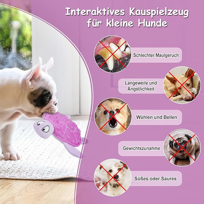 Squeaky Sea Turtle Plush Dog Toy - Durable, No Stuffing, Interactive Chew Toy for Small Dogs - Relieve Anxiety, Teething, and Keep Them Busy for Puppy(Purple)