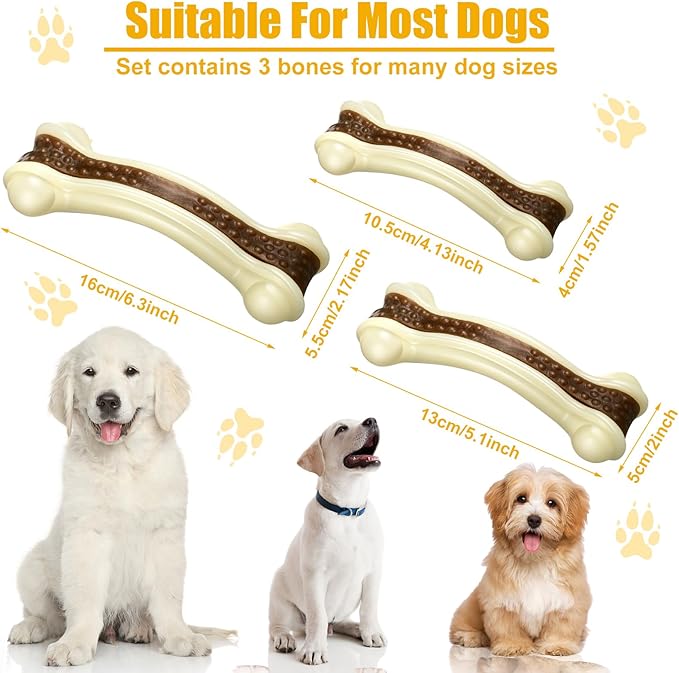 Sosation 3 Pack Chew Toys for Aggressive Chewers, Bone Toys Nylon Beef Flavor Dog Teething Toys for Large/Medium/Small Puppies Breeds(Small, Large, Medium, Curved Bone)
