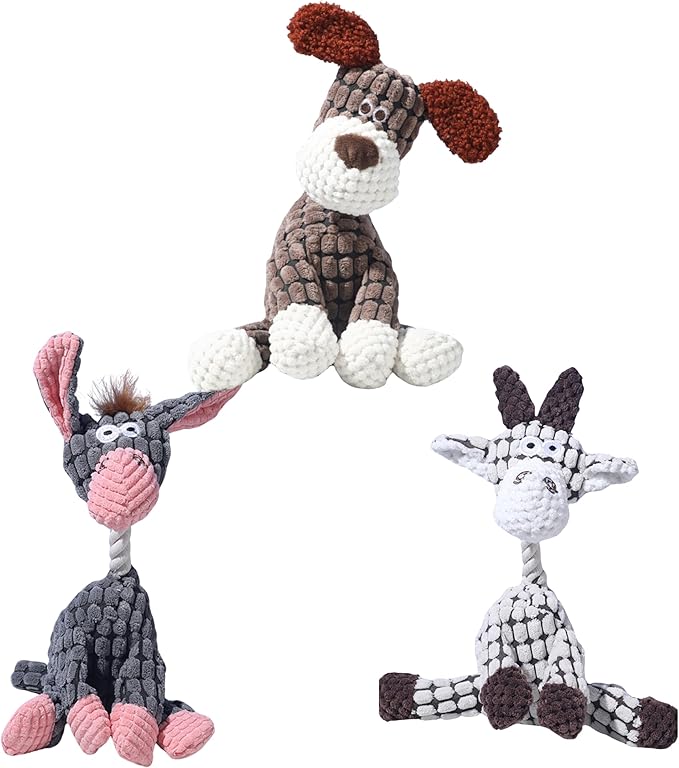 3 PCS Indestructible Dog Toys,Interactive Crinkle Squeaky Toy for Small Medium Large Breed,Pet Plush Toys for Puppy Teething,Mellow Calming Chew Toys for Teething (Brown+Grey+White)