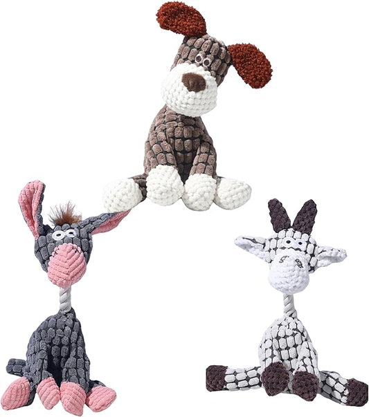 3 PCS Indestructible Dog Toys,Interactive Crinkle Squeaky Toy for Small Medium Large Breed,Pet Plush Toys for Puppy Teething,Mellow Calming Chew Toys for Teething (Brown+Grey+White)