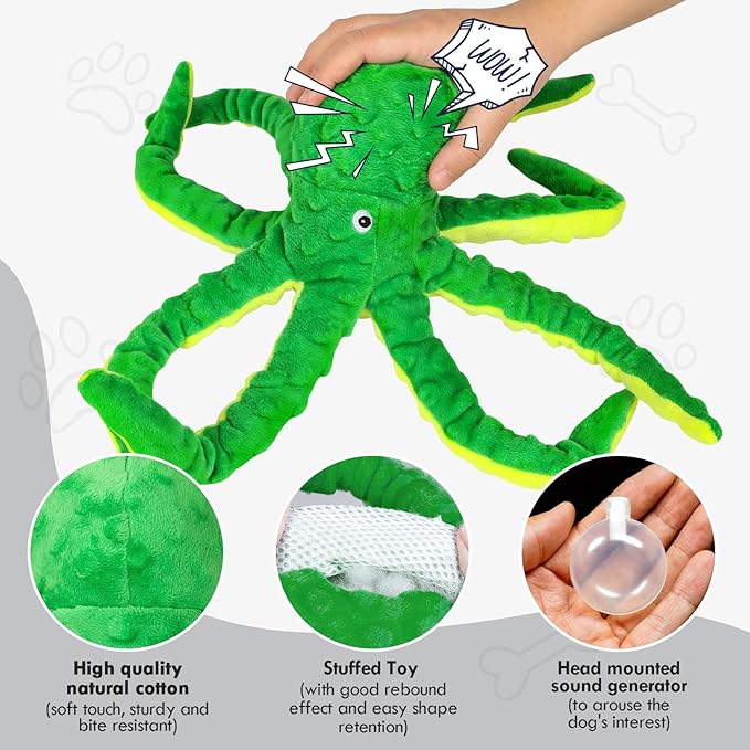 2 Pack Octopus Squesky Dog Toys for Large Medium Small Dogs, Stuffed and Tough Plush Dog Toys for Aggressive Chewers (Green+Yellow)