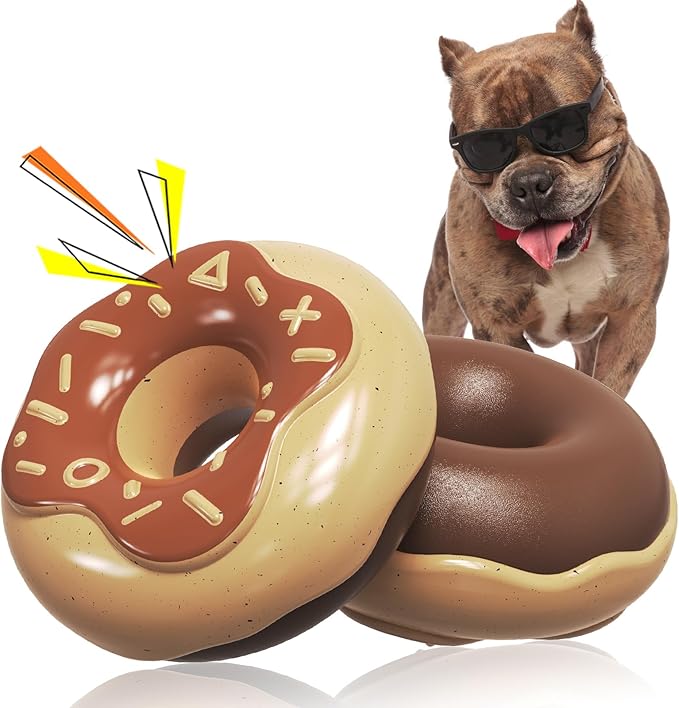Dog Chew Toys for Aggressive Chewers, Indestructible Tough Squeaky Mental Stimulation Teeth Grinding Interactive Dog Chew Toys for Small/Medium/Large Dog Breeds, Creamy Scent Donut Brown