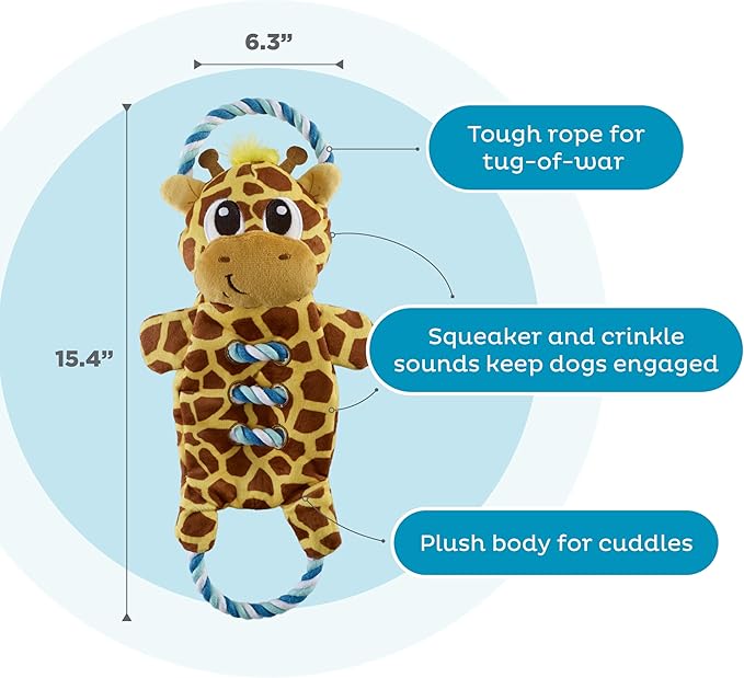 Outward Hound Ropiez Rope Interactive Dog Tug Toy for Tugging Squeaky Fun, 15.4 Inch Giraffe, Yellow, Small