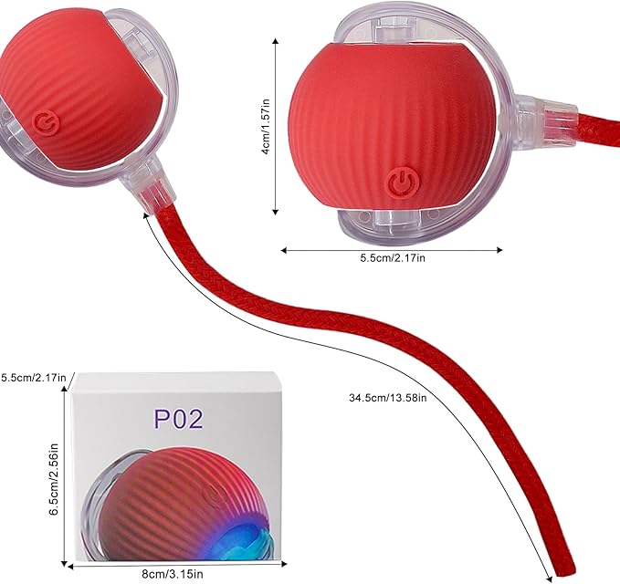 Interactive Cat Dog Toy Ball: Indoor Small Automatic Moving Smart Rolling Fun Pet Game with Led Light and String Tail for Motion Activated, Cute Kitten Puppy Present, Exercise Wheel Supplies (Red)