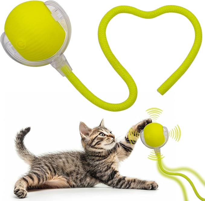 Interactive Cat Dog Toy Ball: Indoor Small Automatic Moving Smart Rolling Fun Pet Game with Led Light and String Tail for Motion Activated, Cute Kitten Puppy Present, Exercise Wheel Supplies (Yellow)