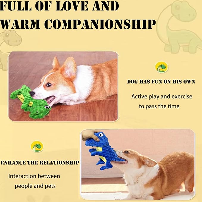 No Stuffing Dog Toys for Aggressive Chewers, Squeaky Wrinkled Toys, Durable Dog Chew Toys, Soft and Tough Plush Toys, Suitable for All Breeds of Dogs. (Dinosaur (Green))