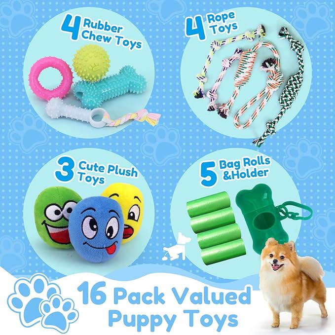 Puppy Chew Toys for Teeth Cleen & Gum Massage, 16 Pack Puppy Teething Toys for 0-6 Months, Soft Plush, Ball and More Rope Interactive Dog Chew Toy Puppies Supplies Starter Kit to Keep Them Busy