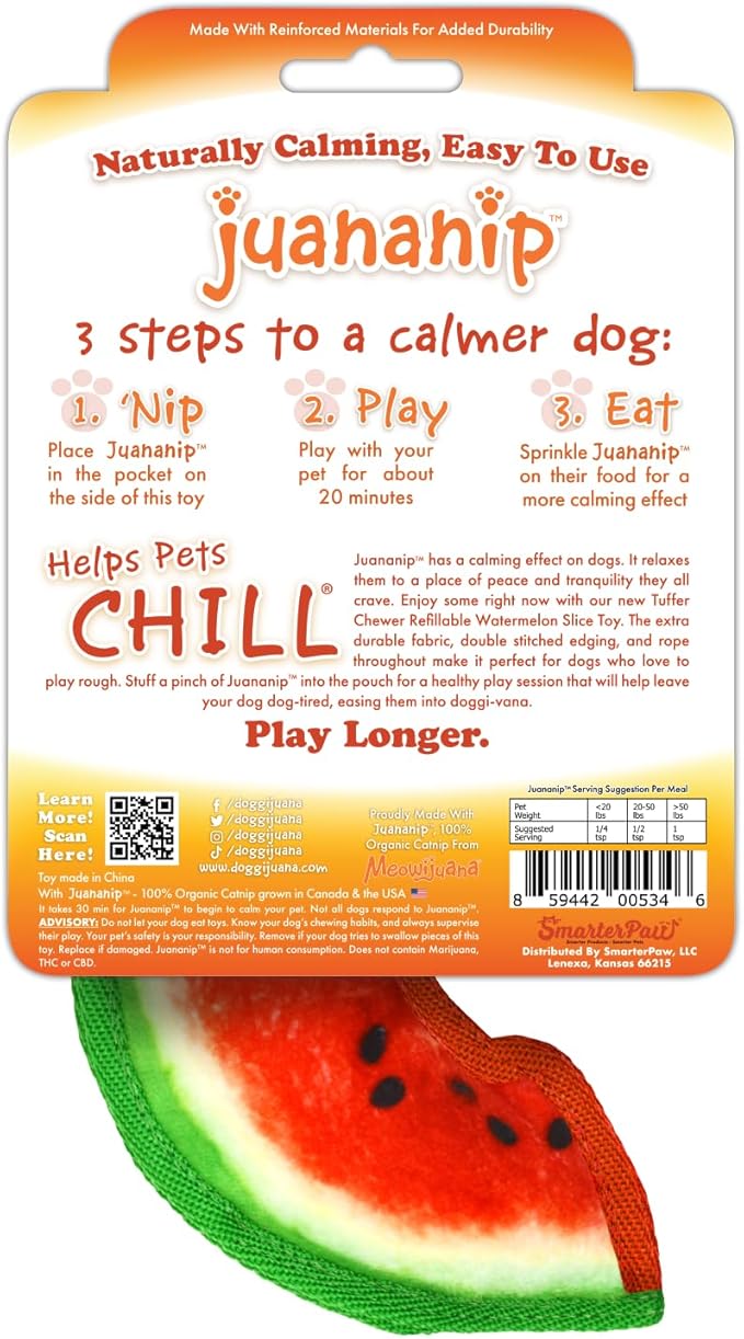 Doggijuana Tuffer Chewer Mini Plush Dog Toy | Funny Dog Toy Plush with Juananip Catnip for Dogs | Calming Aid for Dogs | Interactive Squeaky Chew Toy for Play (Watermelon Slice)