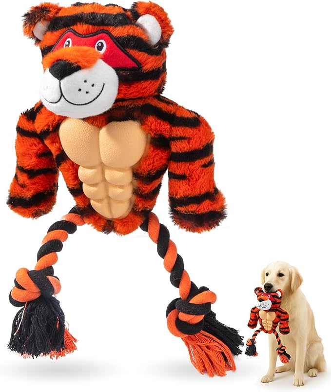 Durable Rope & Plush Dog Toy for Aggressive Chewers – Muscle Tiger Squeaky Tug Toy for Medium & Large Dogs, Interactive Chew & Play