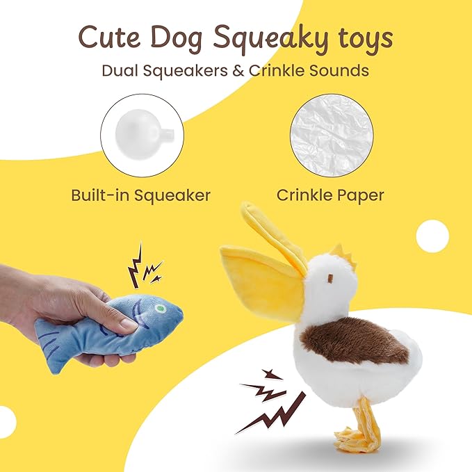Nocciola Pelican & Fish Plush Toy for Dogs, 2 in 1 Design with Squeakers and Crinkle Paper, Mental Stimulation Puzzle Toy for Small Medium Dogs to Relieve Boredom & Anxiety
