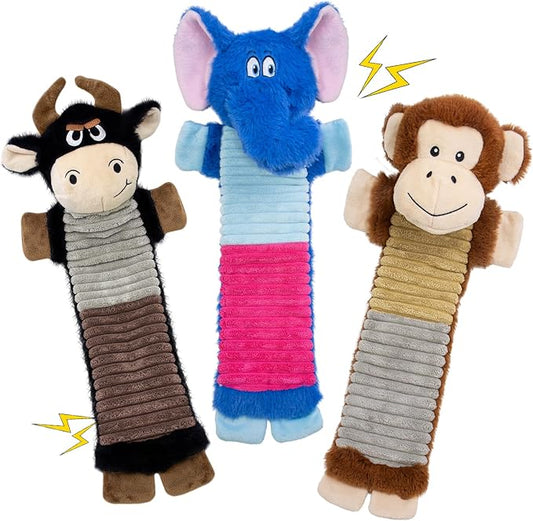3 Pack No Stuffing Dog Squeaky Toys, Dog Chew Toys with Crinkle and Squeaker, Cute Animal PlushToys to Keep Them Busy, Suitable for Large, Medium and Small Breeds （Elephant&Monkey&Cattle