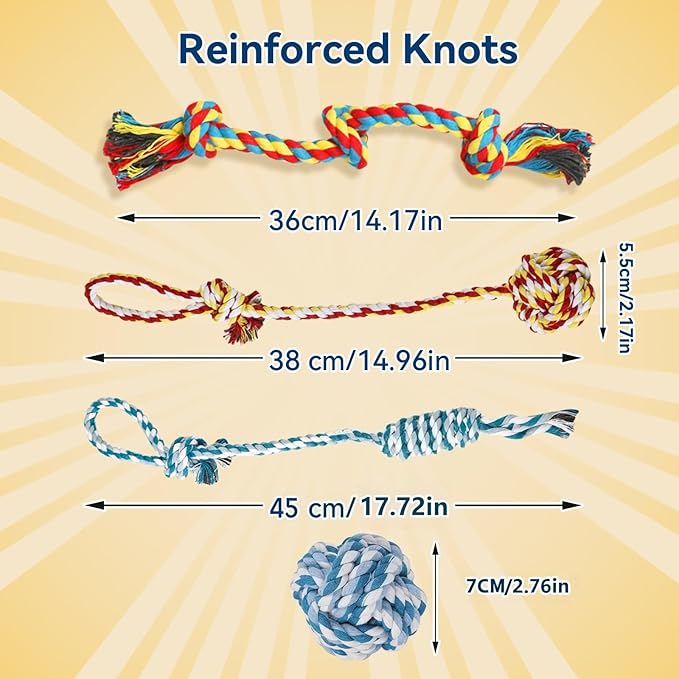 4-Pack Cotton Rope Dog Toys, Puppy Teething Chews for Small-Medium Breeds, Durable Tug-of-War & Fetch Toys for Indoor/Outdoor Play, Aggressive Chewers, Boredom Relief, Teeth Clean