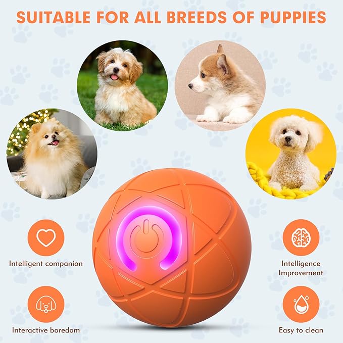 Interactive Dog Toys for Small Dogs, USB Rechargeable Smart Jumping Ball for Dogs, Chew-Resistant TPE & BPA-Free Vibrating Dog Ball, LED Light-Up Play for Mental Stimulation & Indoor Play (Orange)