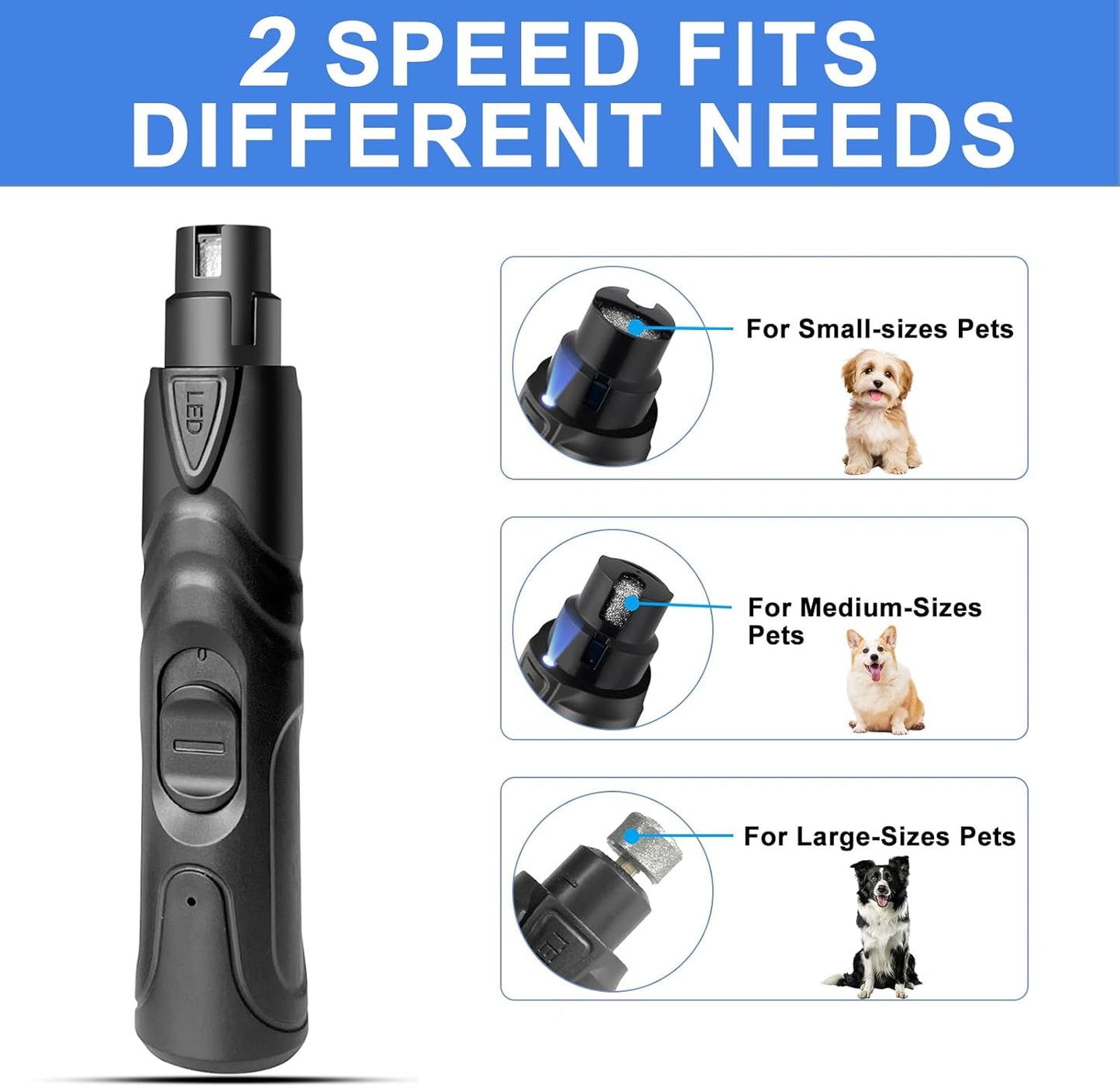 2-Speed LED Dog Nail Grinder,Professional Electric Pet Nail Trimmer with Quiet Motor, Painless Paws Grooming & Smoothing for Small/Medium/Large Dogs and Cats (Black)