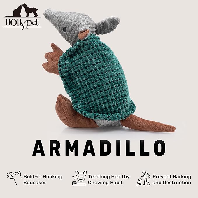 Hollypet Plush Dog Squeaky Toy Stuffed Armadillo Animal Pet Puppy Chew Toys with Clean Teeth for Small Medium Large All Breed Sizes Dogs, Deep Green, 14 in
