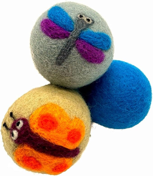 Wool Felt Balls 3 Pack Love Ewe Pet Supplies - 2 in Felted Wool Cat Toys 100% New Zealand Wools Felt Cat Toys Handmade Wools Felts Balls - Cats Felts Ball, Colorful Ball - Dragonfly and Butterfly