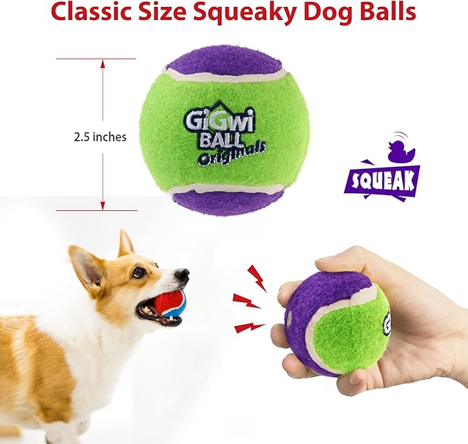 GiGwi Tennis Balls for Dogs, Squeaky Dog Tennis Balls for Exercise, High Bouncy Dog Balls Bright Colors 2.5 Inches, Interactive Funny Dog Toys for All Breeds of Dogs Indoor & Outdoor Dog Games, 3 Pack