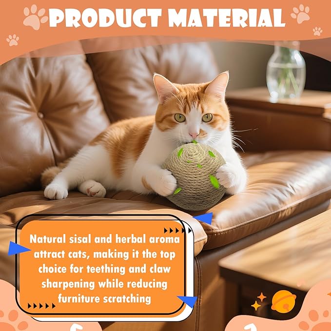 Sisal Cat Ball Toy, Large 6.3-inch Interactive Natural Cat Scratching Ball, Perfect Scratcher for Indoor Cats' Exercise and Fun