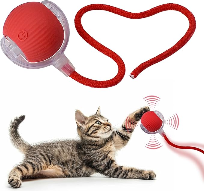 Interactive Cat Dog Toy Ball: Indoor Small Automatic Moving Smart Rolling Fun Pet Game with Led Light and String Tail for Motion Activated, Cute Kitten Puppy Present, Exercise Wheel Supplies (Red)
