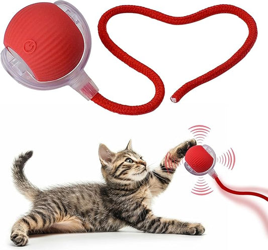 Interactive Cat Dog Toy Ball: Indoor Small Automatic Moving Smart Rolling Fun Pet Game with Led Light and String Tail for Motion Activated, Cute Kitten Puppy Present, Exercise Wheel Supplies (Red)