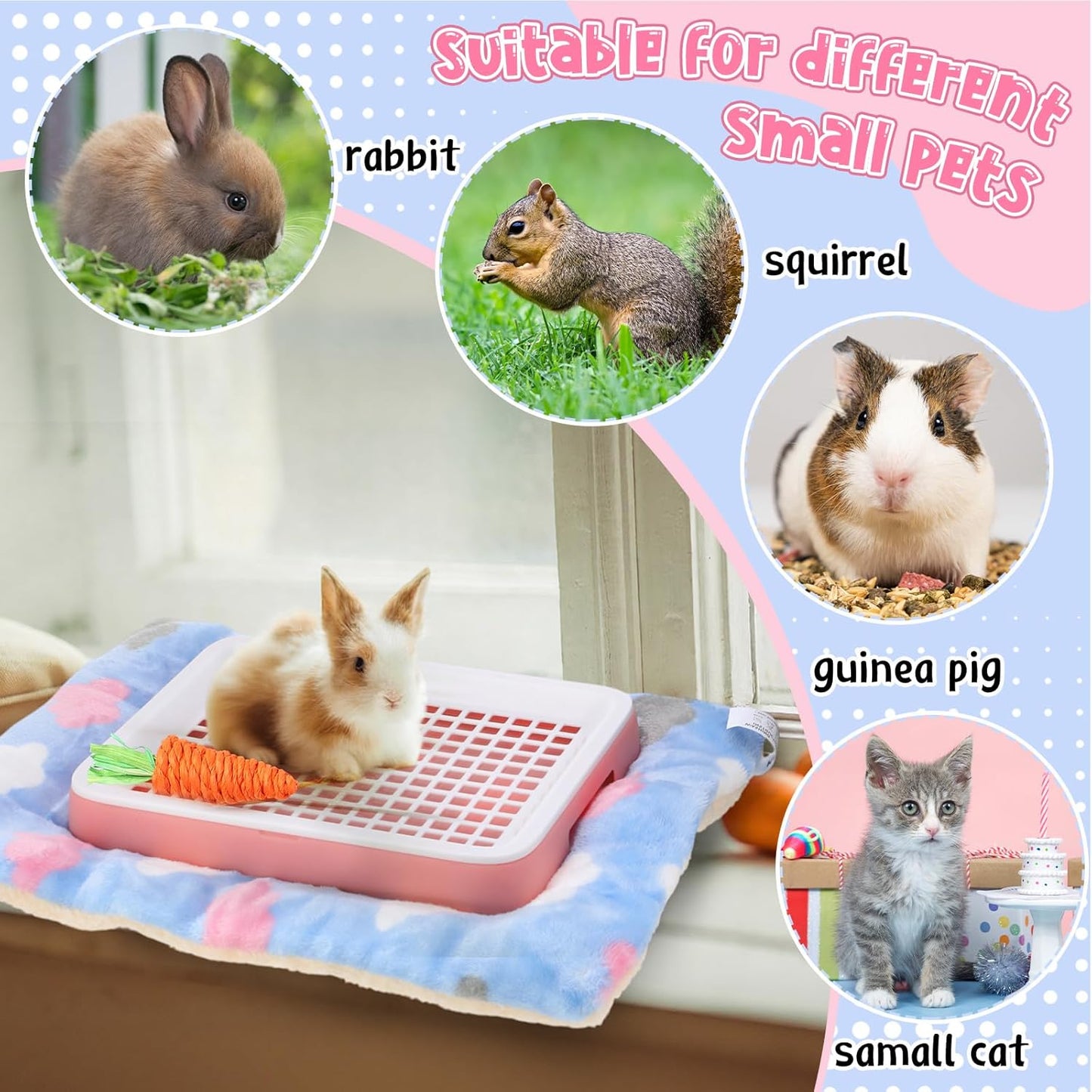 19 Pcs Rabbit Starter Kit Small Bunny Litter Box Rabbit Grooming Kit Water Bottle Bunny Toys Hay Feeder Bowl Blankets with Cleaning Set for Guinea Pig Accessories (Pink-White,Strawberry Bear)