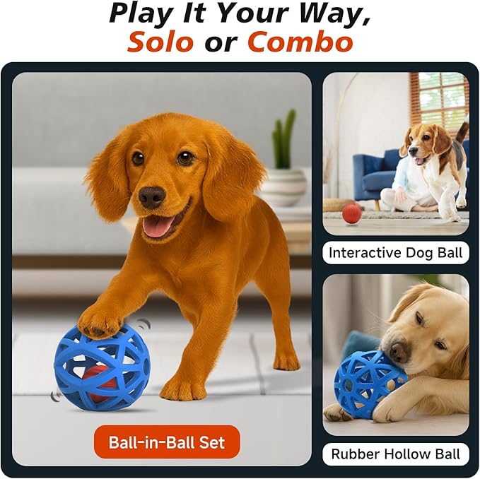 Interactive Dog Toy, Smart Jumping Bouncing Ball Inside Durable Rubber Shell, Automatic Moving Vibrating Ball for Medium/Large Dogs, Dog Enrichment Toy to Keep Them Busy (Blue & Orange)