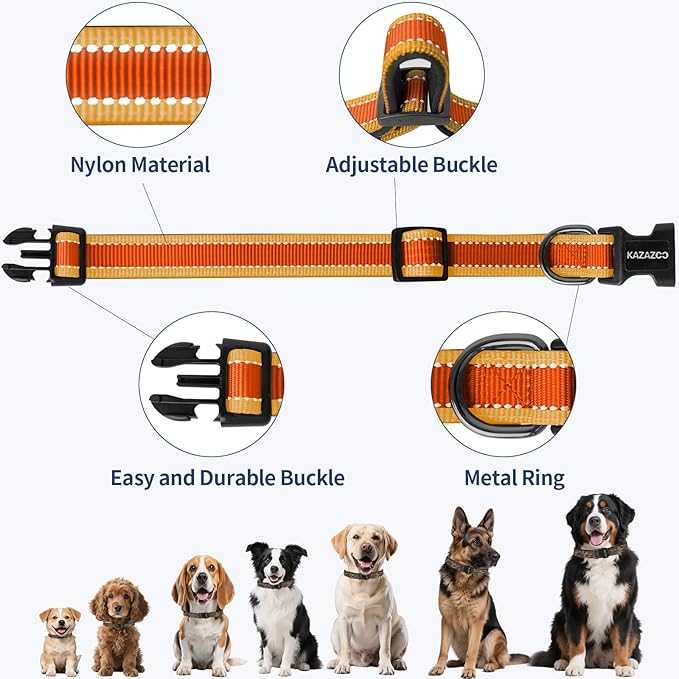 Reflective Dog Collar with Soft Padding Dog Collar for Medium & Large Dogs, No Pull, Heavy Duty, Adjustable Nylon Collar with Quick-Release Buckle, Walking Training-Orange-XL