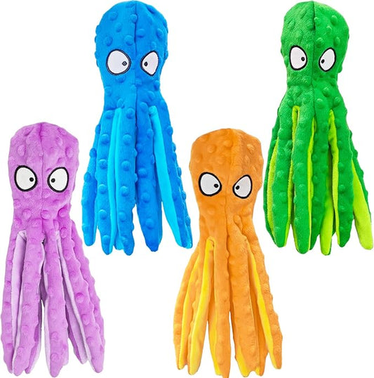4 Pack Squeaky Dog Toys - Octopus Plush Dog Toys for Aggressive Chewers, No Stuffing, Crinkle, Durable Interactive, 4 Colors