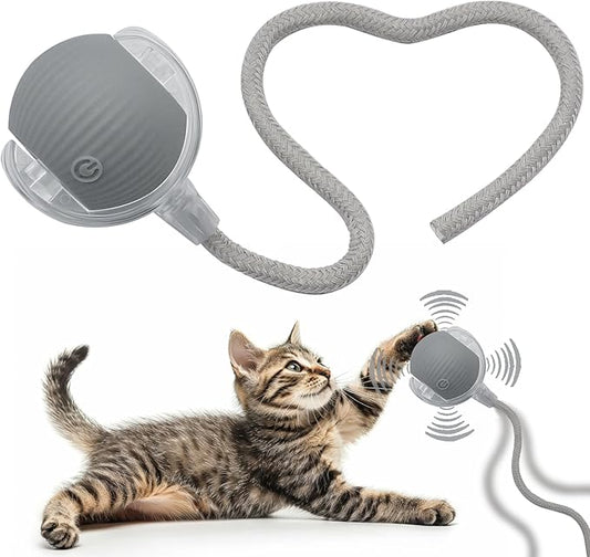 Interactive Cat Dog Toy Ball: Indoor Small Automatic Moving Smart Rolling Fun Pet Game with Led Light and String Tail for Motion Activated, Cute Kitten Puppy Present, Exercise Wheel Supplies (Grey)