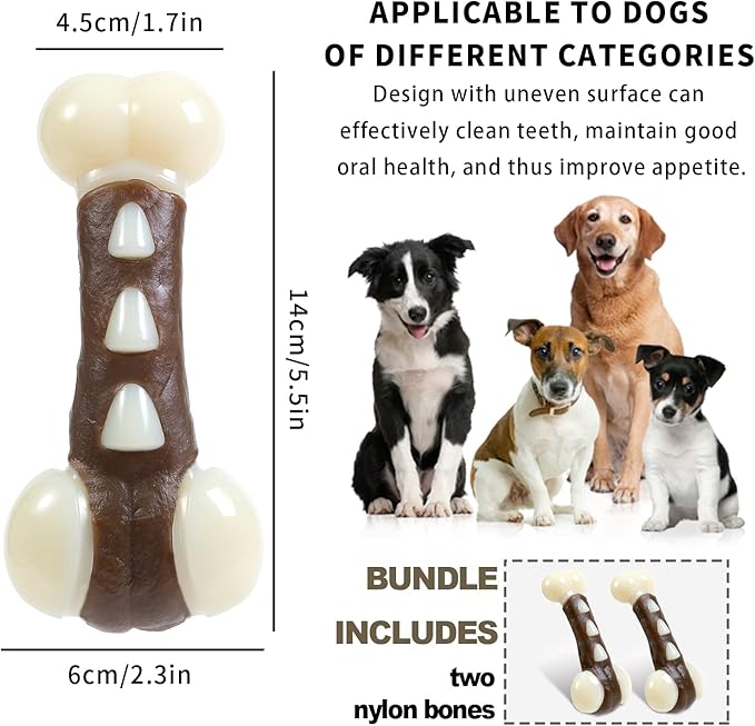 Nylon Dog Bones, Pack Tough Chew Toys for Large/Medium/Small Dogs, Beef Flavor, Teeth Cleaning, Training (2 Pcs, Fat Bones)