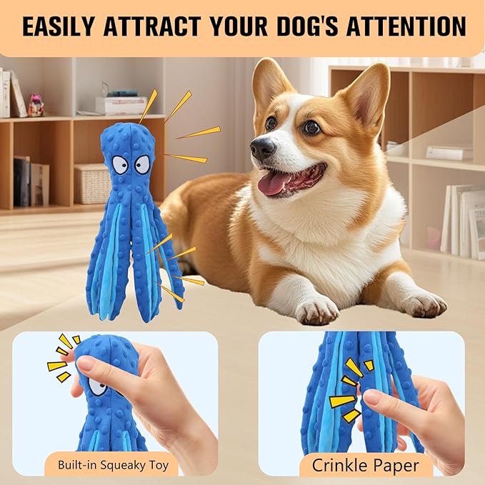 Dog Squeaky Toys Octopus, No Stuffing Plush Toys, Squeaky Octopus Dog Toy - Durable Plush for Puppies, Interactive Dogs Toys for Aggressive Chewers (Green+Orange)