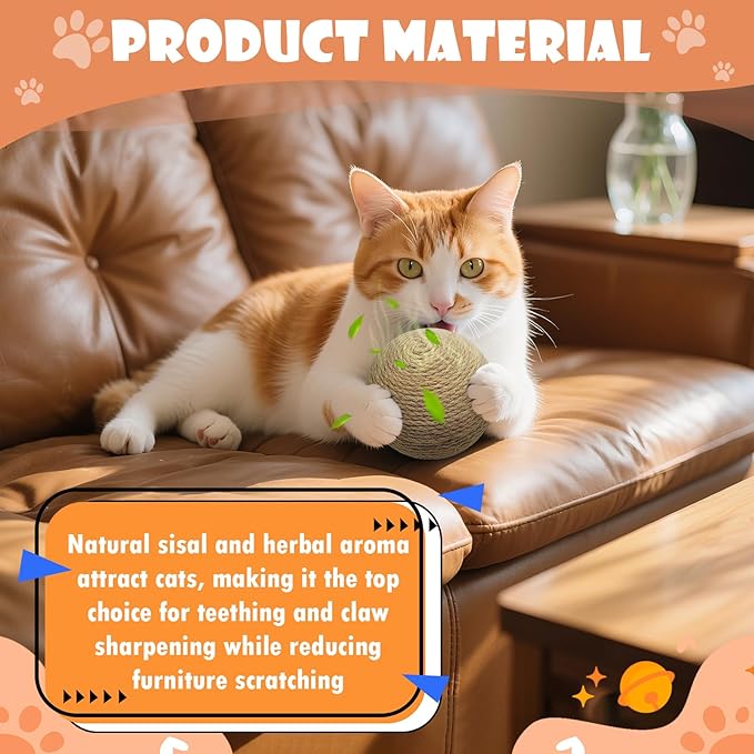 Sisal Cat Ball Toy, 3.94-inch Interactive Natural Cat Scratching Ball, Perfect Scratcher for Indoor Cats' Exercise and Fun
