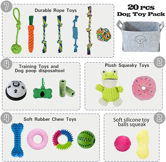 20Pcs Puppy Chew Toys for Teething, Dog Chew Toys with Rope Toys, Pet Dog Toothbrush, Treat Balls, Plush Toys and Squeaky Toy for Small Medium Dogs with Basket